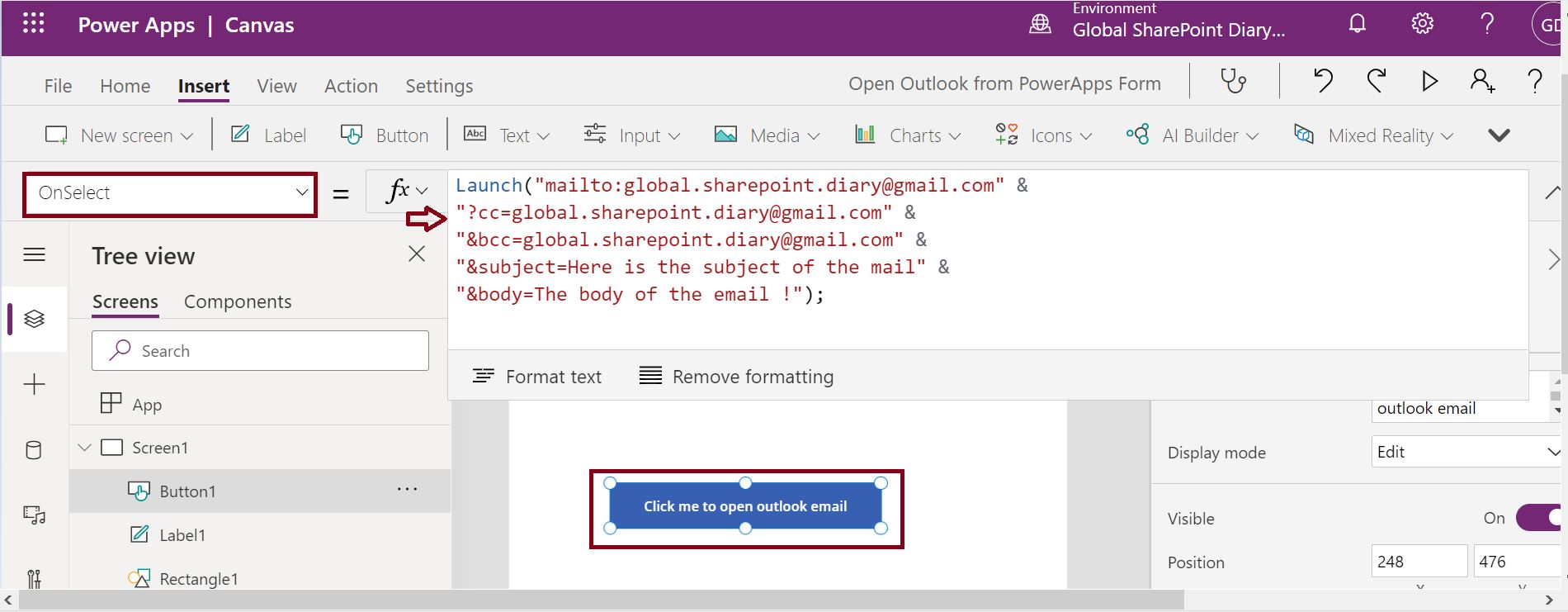 Launch function to open Outlook in PowerApps