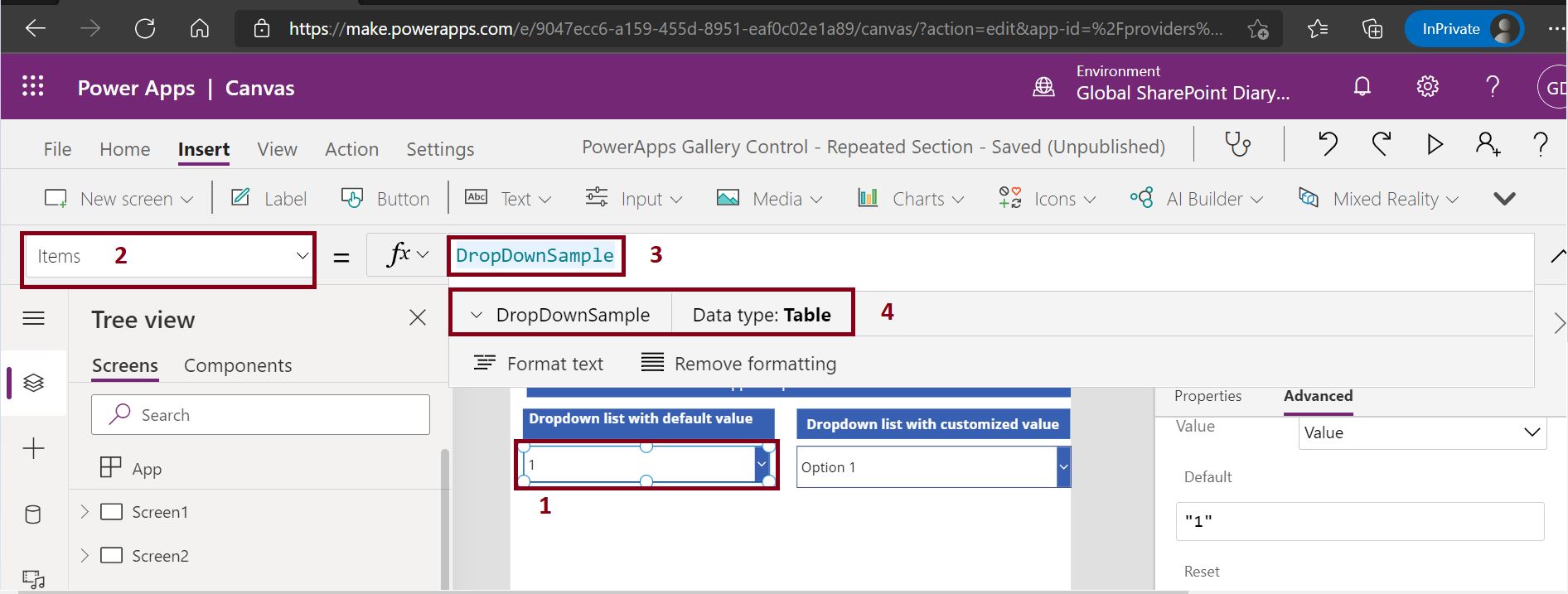 Sample dropdown option value in PowerApps