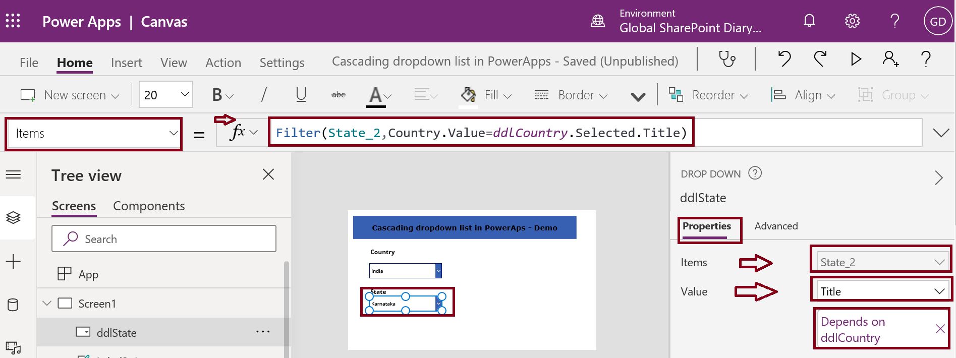 State cascading dropdown list design in PowerApps