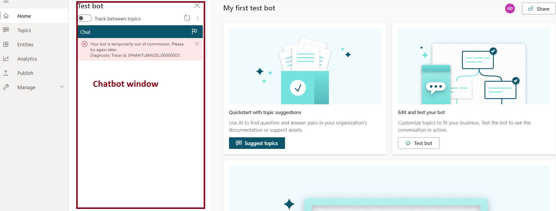 Test bot in Power Virtual Agent - PowerApps
