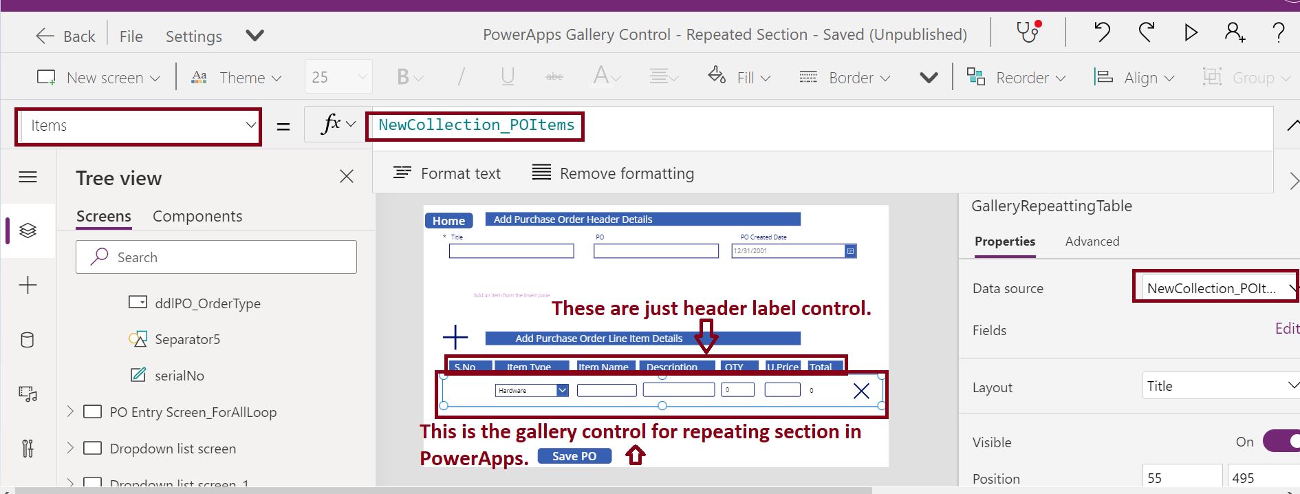 Add Gallery control in PowerApps for repeating section
