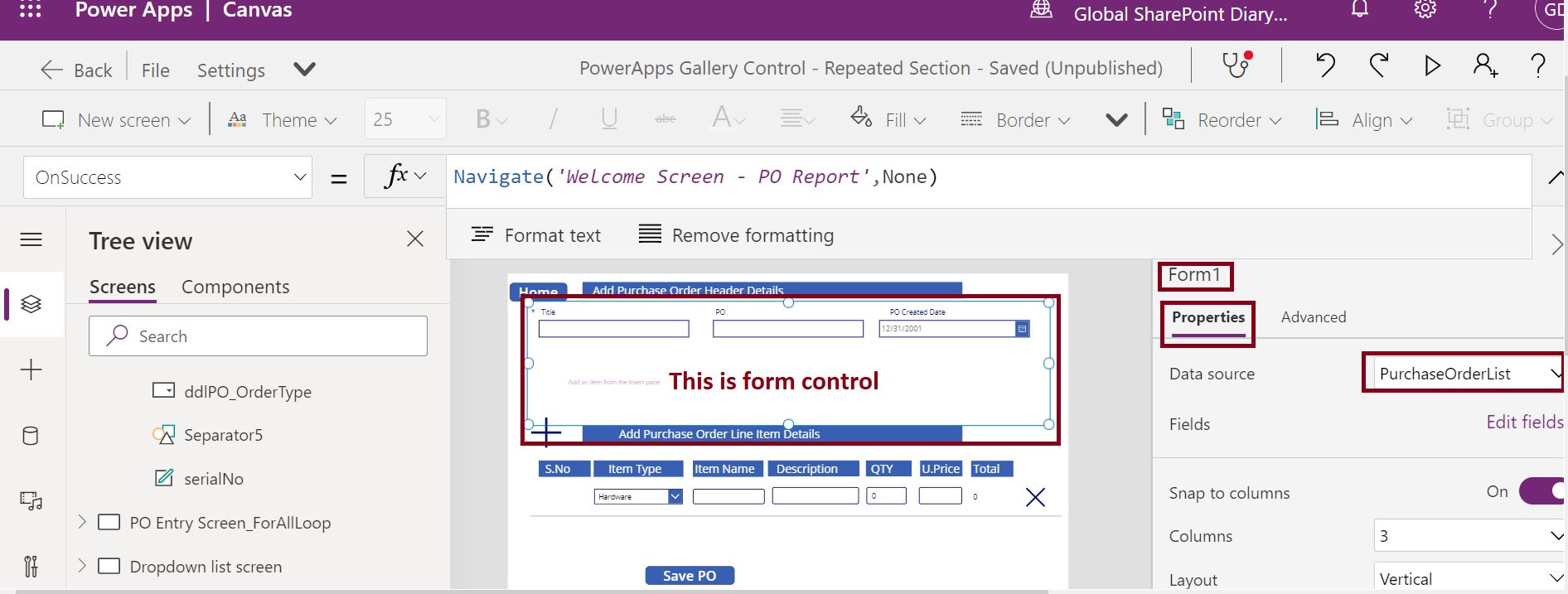 Add form control in PowerApps with SharePoint data source