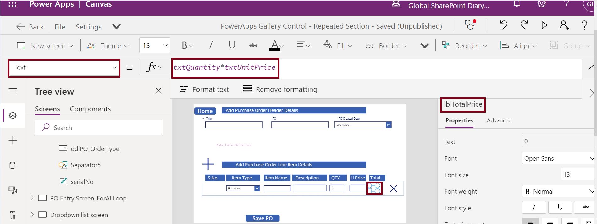 Automatic price calculation in PowerApps Gallery control