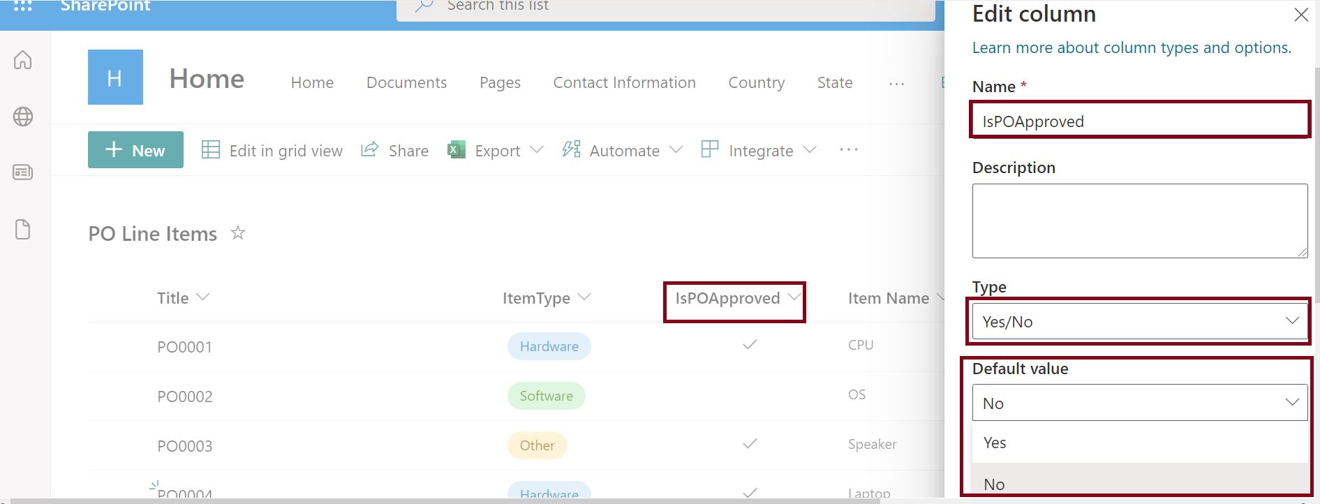 Edit SharePoint Online Yes-No column type