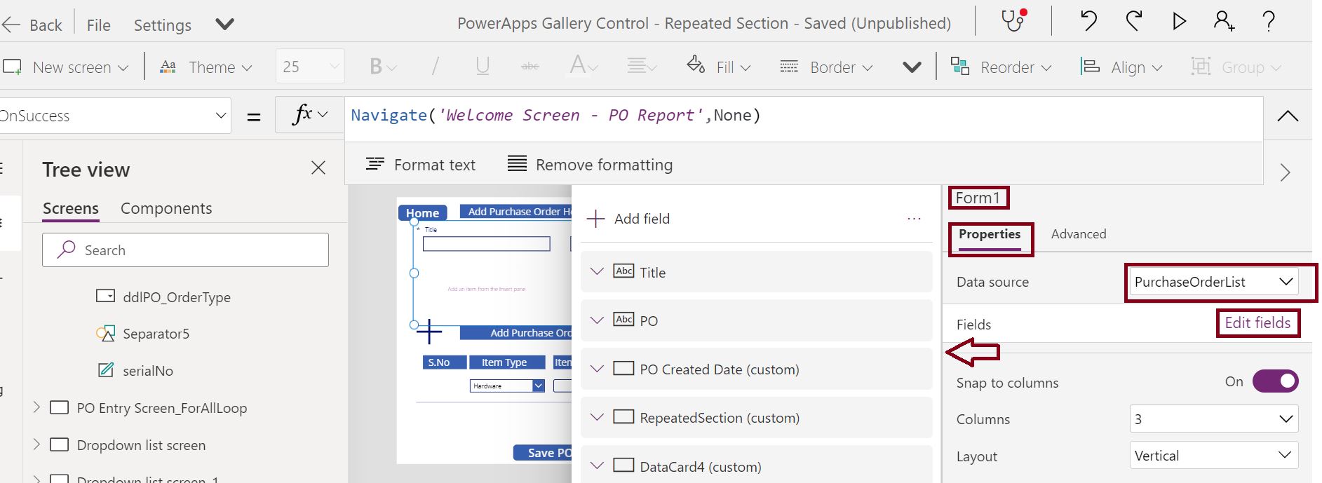 Edit fields in PowerApps form control