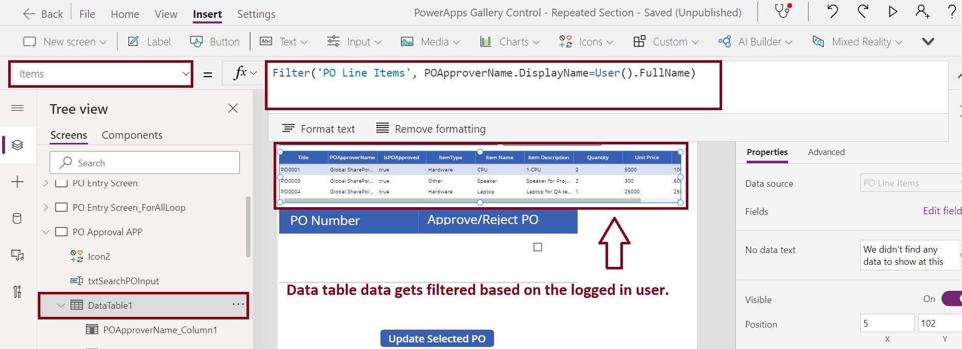 Filter PowerApps data table items based on the logged in user