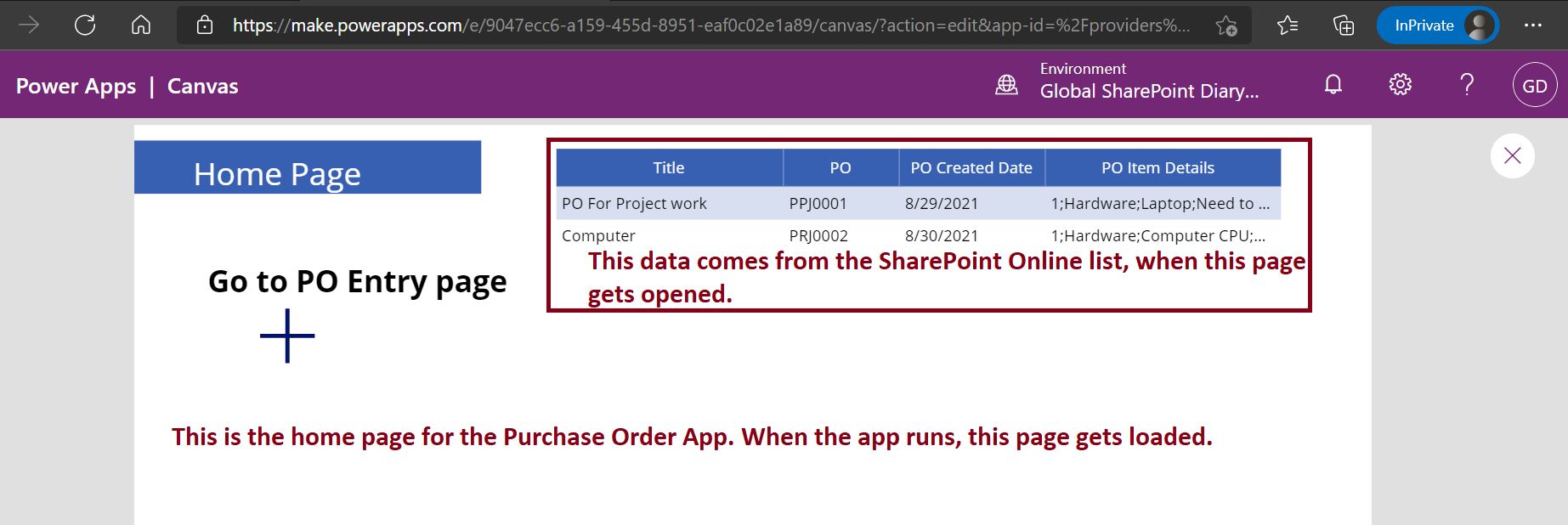 PowerApps repeating section demo home page