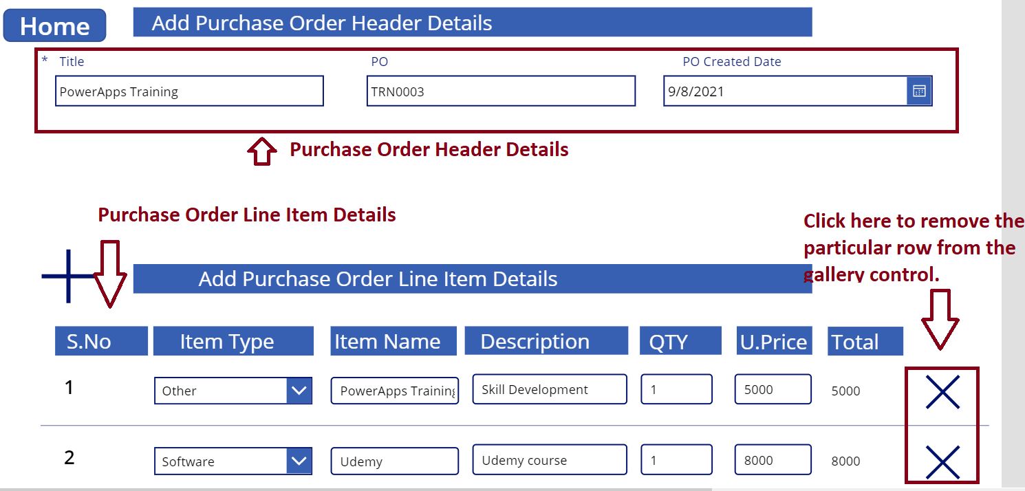 PowerApps repeating section to create purchase order header and line item