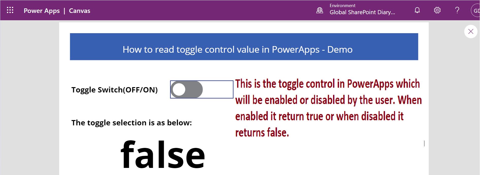 PowerApps toggle control enabled or disabled switch