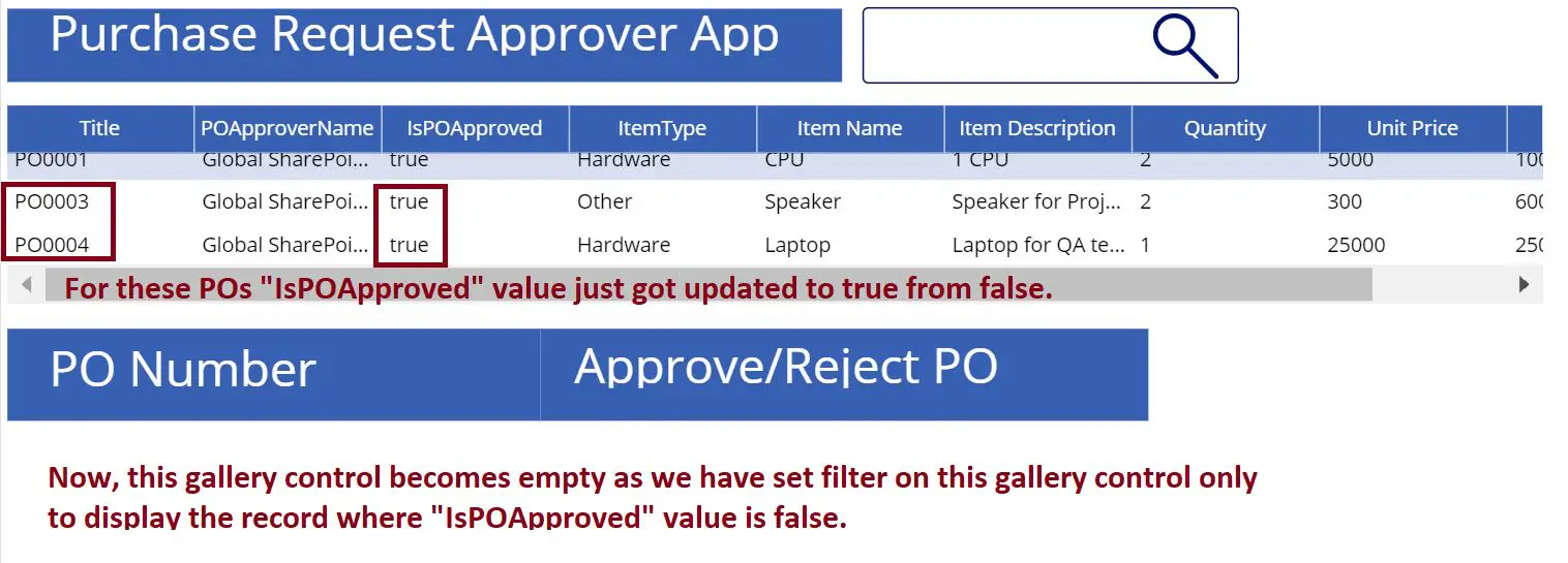 Purchase Request approver app using the PowerApps gallery control