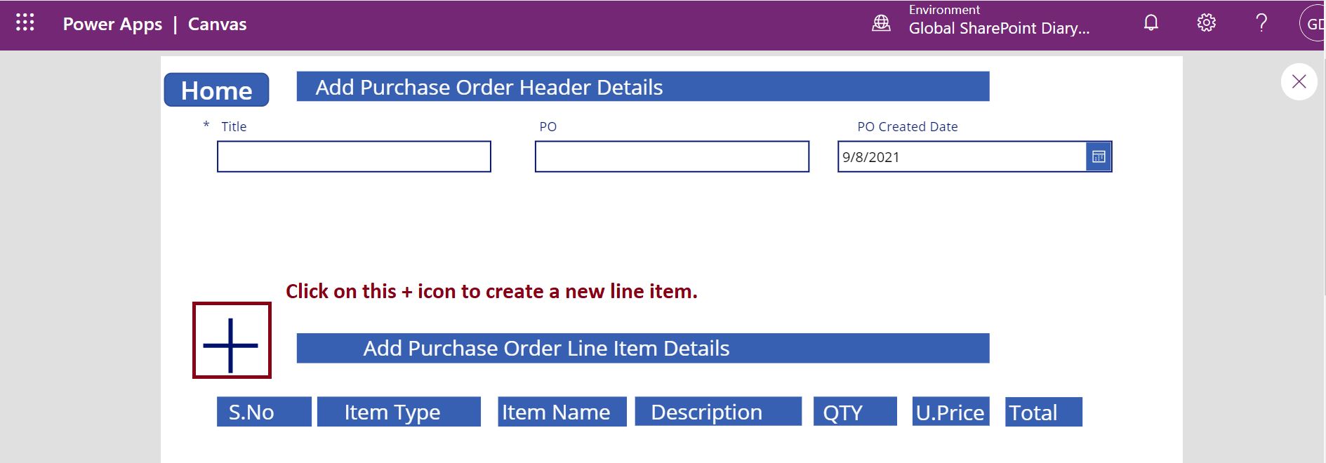 Purchase order header and line item page in PowerApps