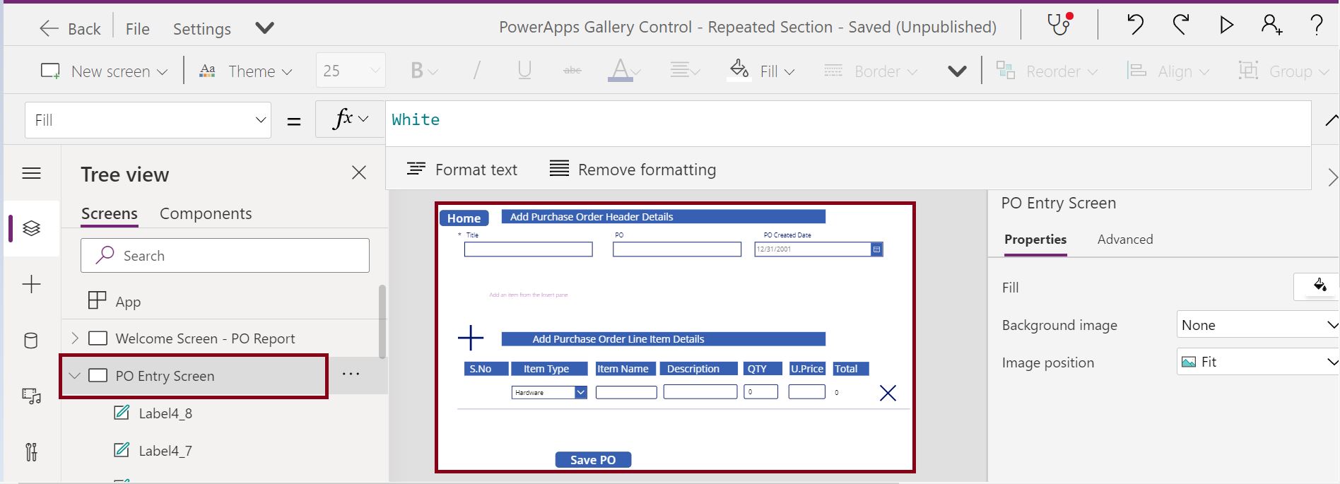 Purchase order table design in PowerApps 