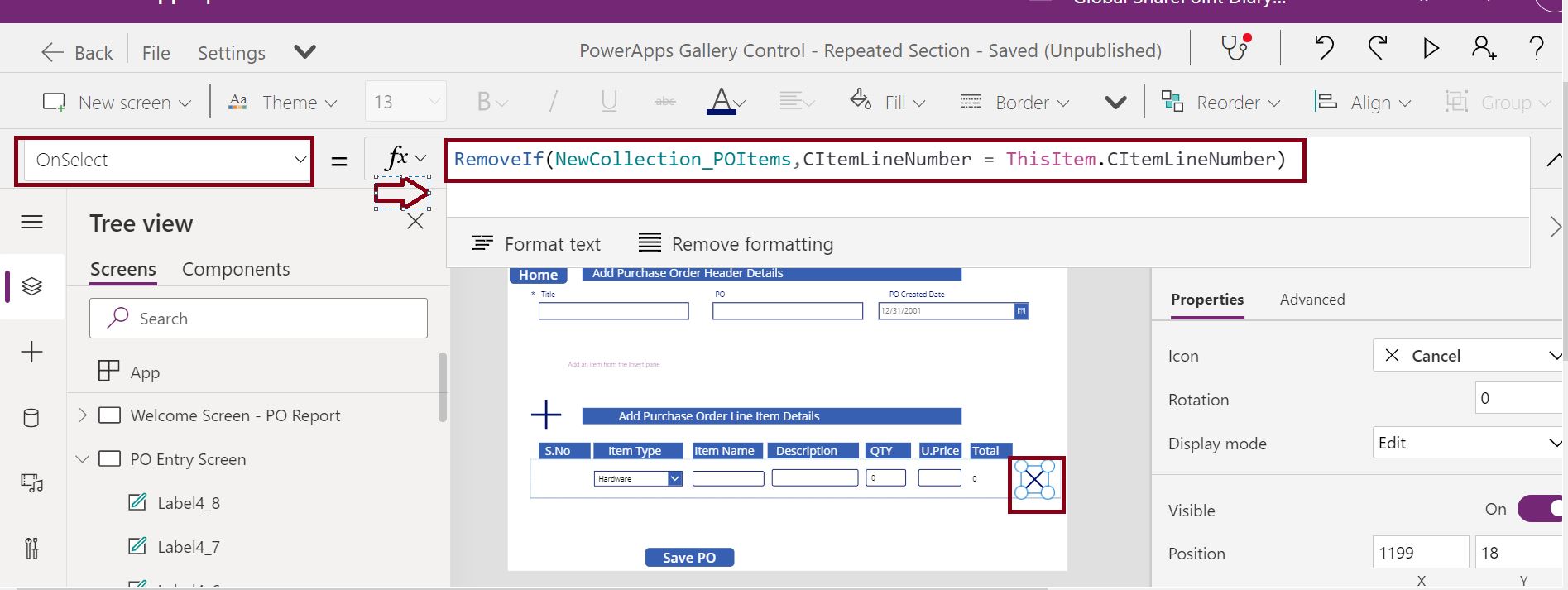 Remove current row from the PowerApps Gallery control