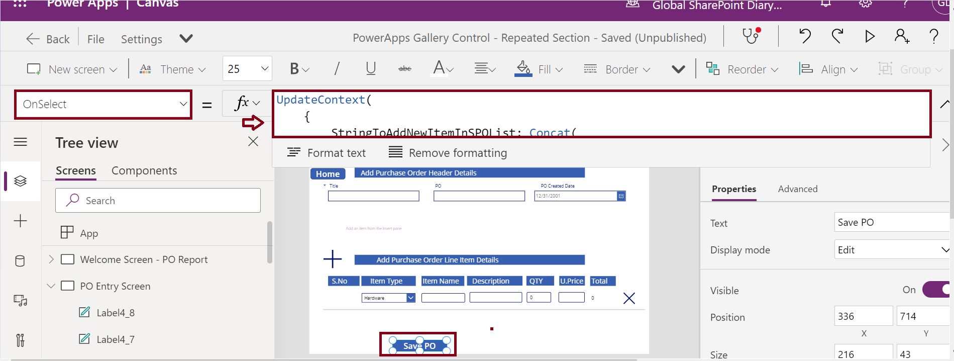 Save Purchase Order header and line items to SharePoint from PowerApps