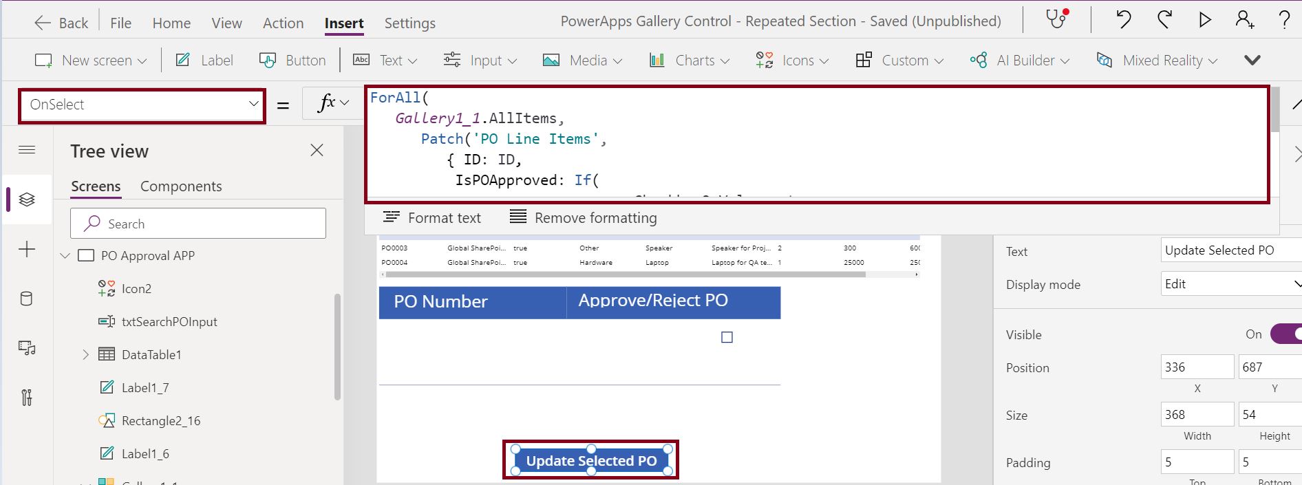 Update SharePoint list from the PowerApps Gallery selected items