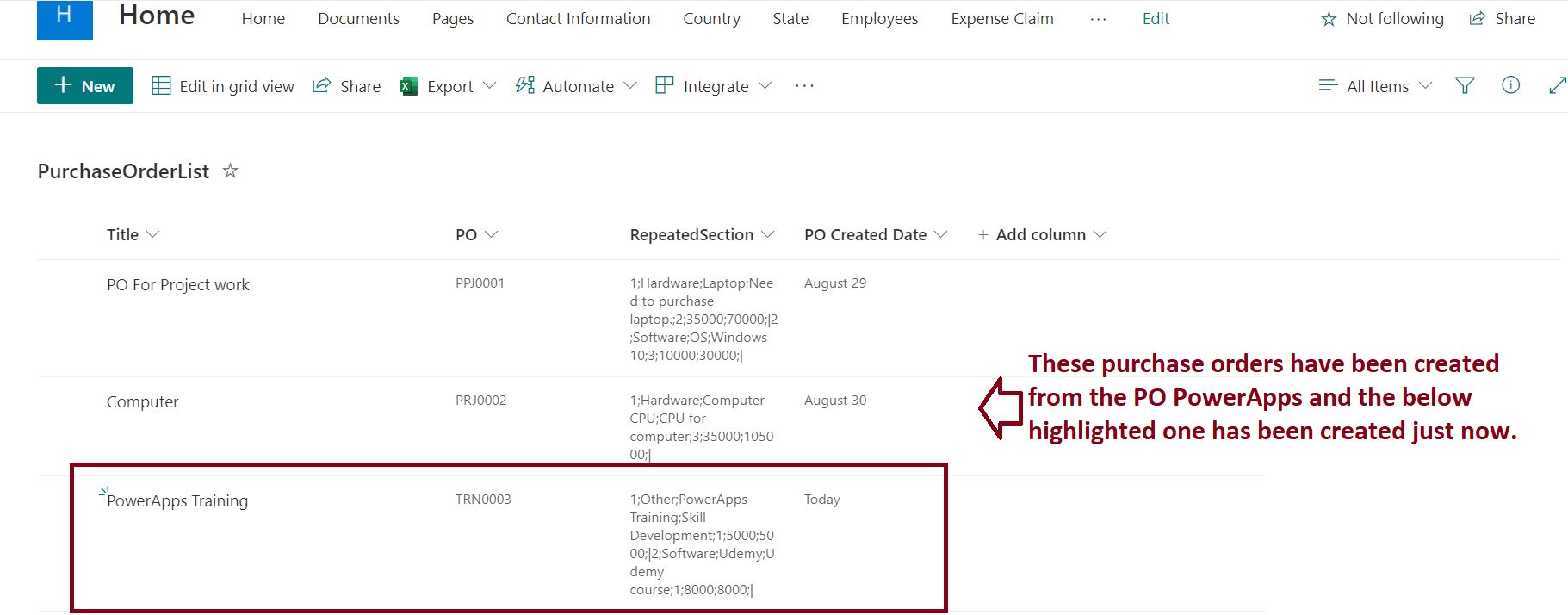 Using PowerApps repeating section create purchase order in SharePoint list