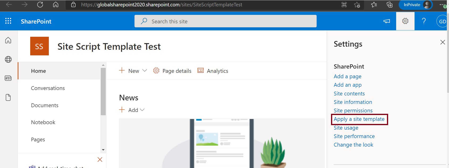 Apply a site template in SharePoint Online existing site