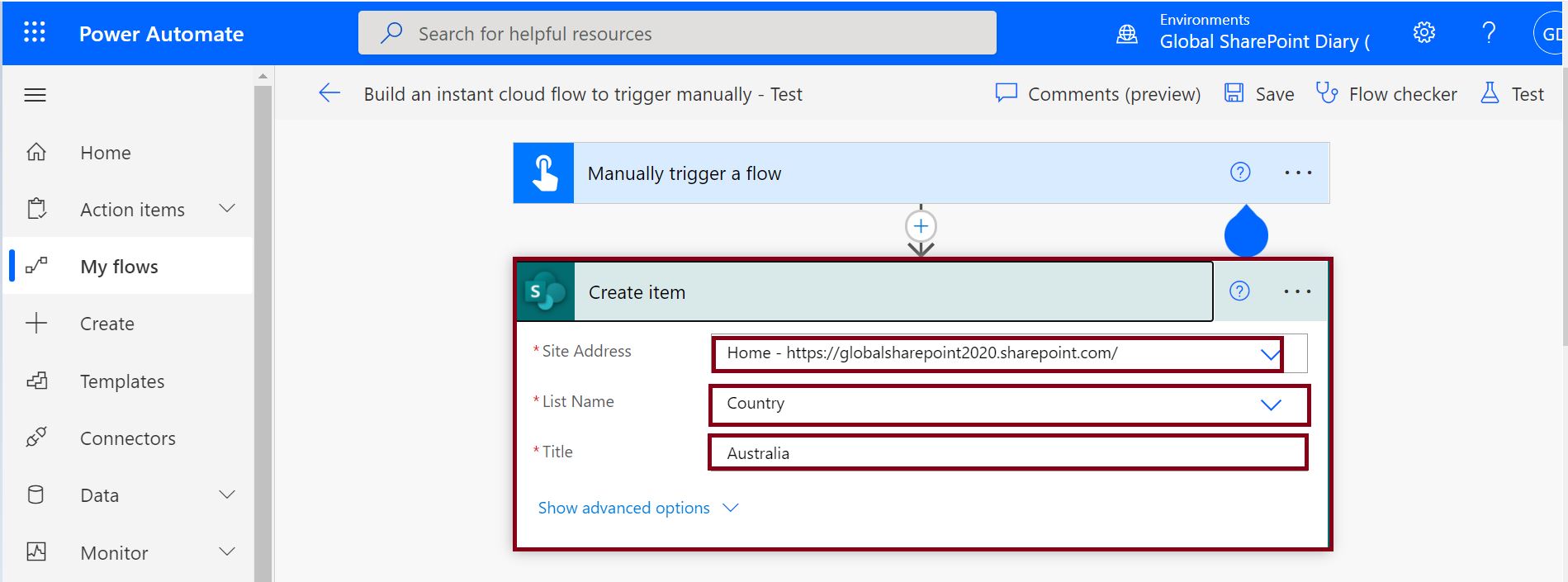 Manually trigger a flow - create item in SharePoint list