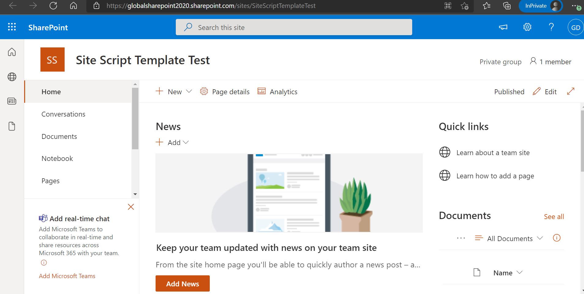 SharePoint Online site look and feel before applying site template