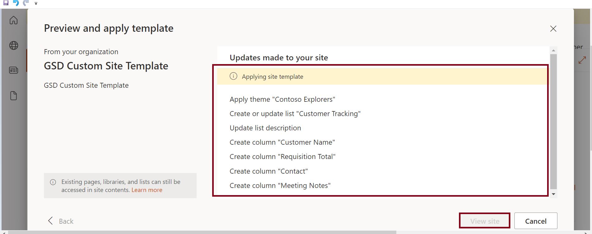 Updates made to your site - Applying site template