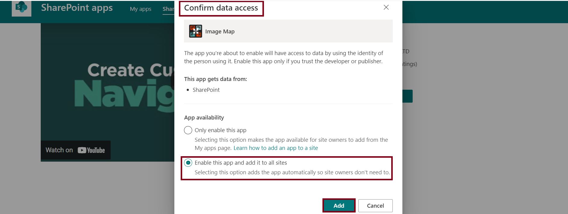 Confirm data access in SharePoint Online Image App