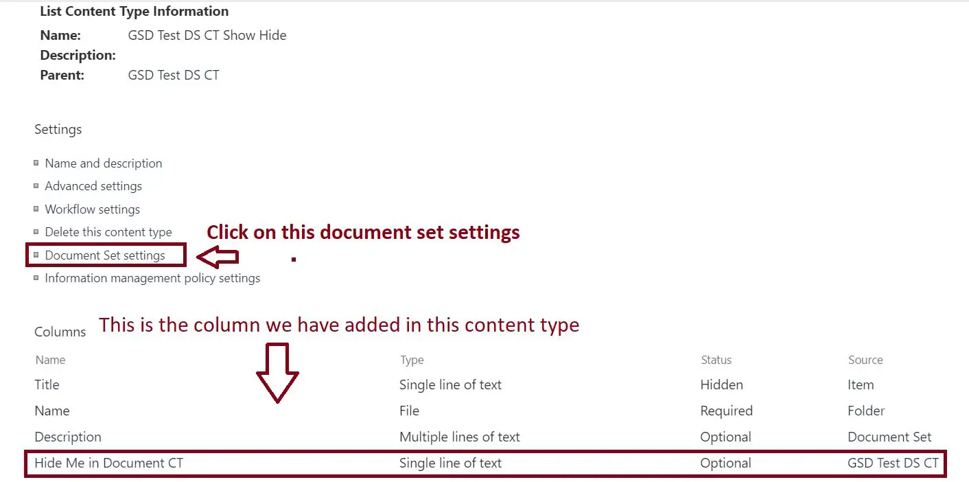 Content type settings in SharePoint online to show hide column