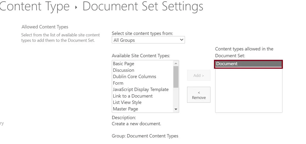 Content types allowed in the Document Set - Content type settings in SharePoint online to show hide column