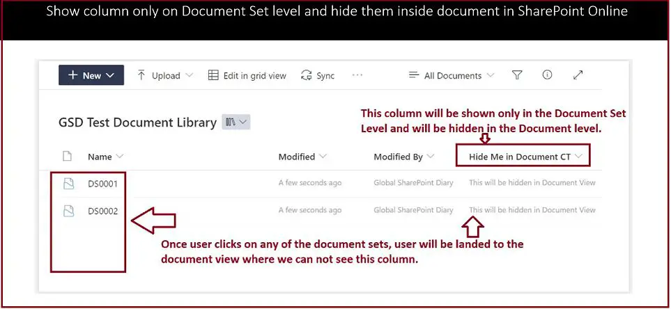 Show column only on Document Set level and hide them inside document in SharePoint Online using welcome page