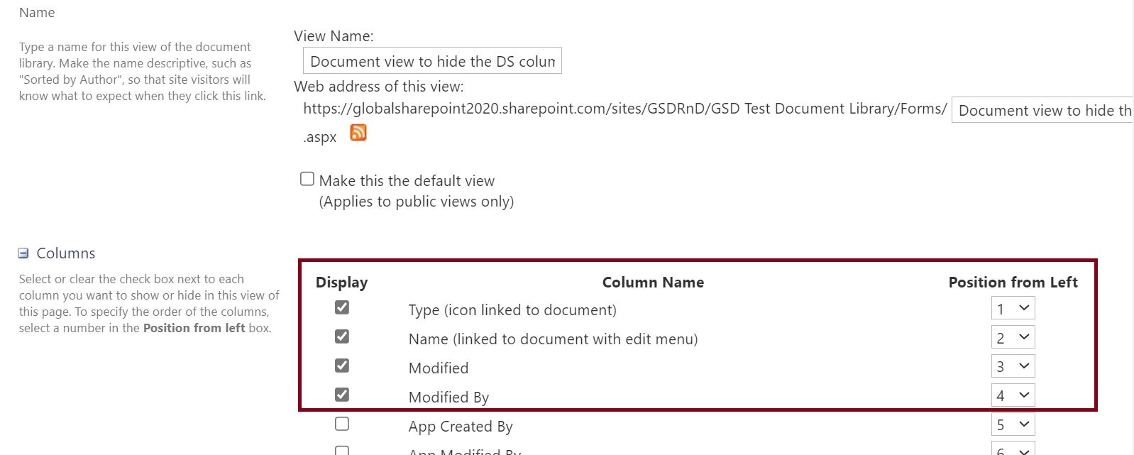 View settings in SharePoint to show hide column