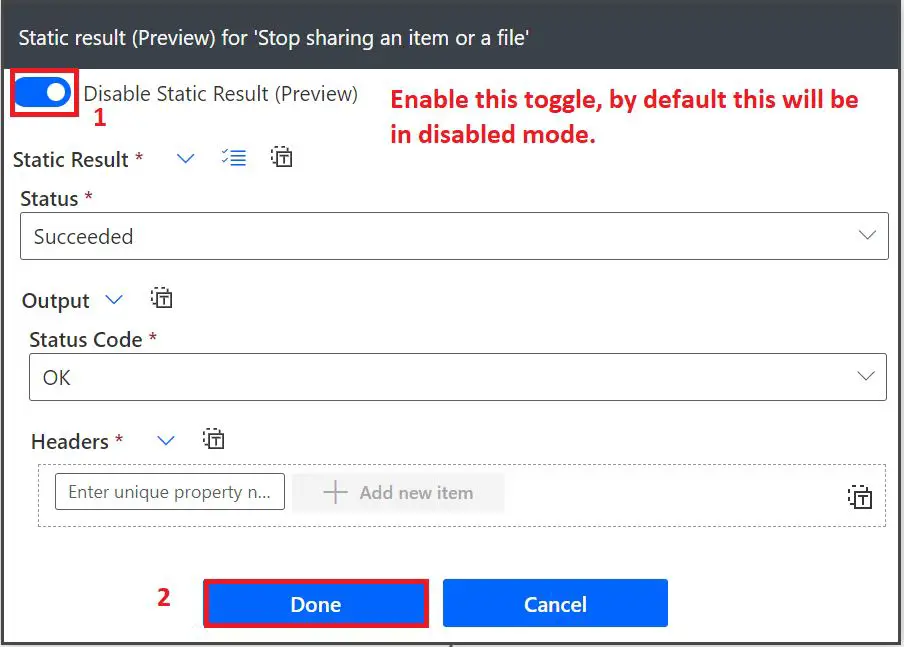 Disable action in Power Automate using enabling static result (Preview) configuration