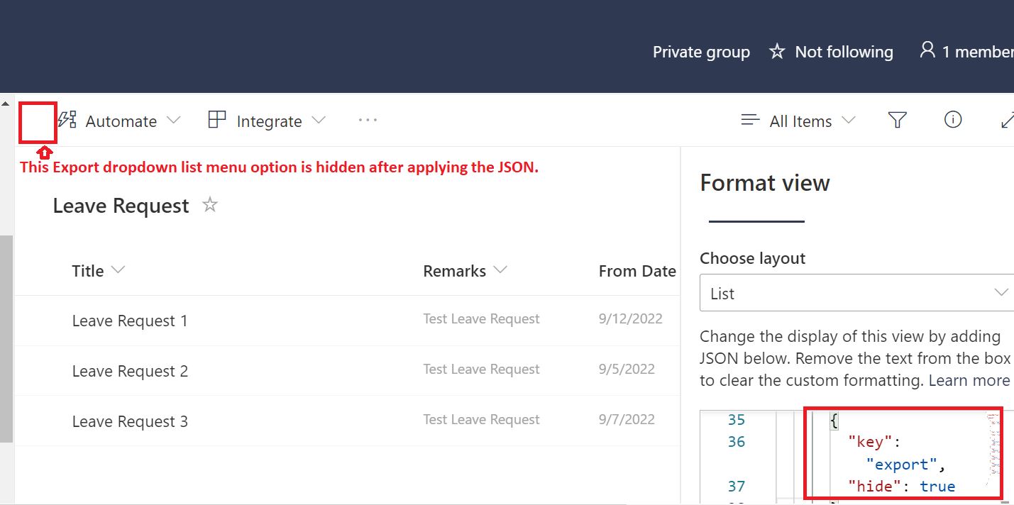 Hide Export dropdown list menu option in SharePoint Online list using JSON