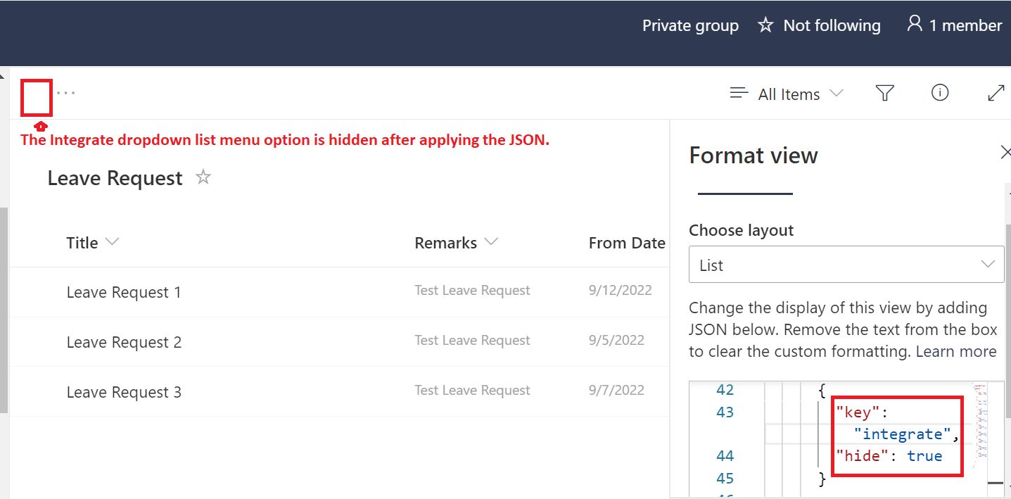 Hide Integrate dropdown list menu option in SharePoint Online list using JSON
