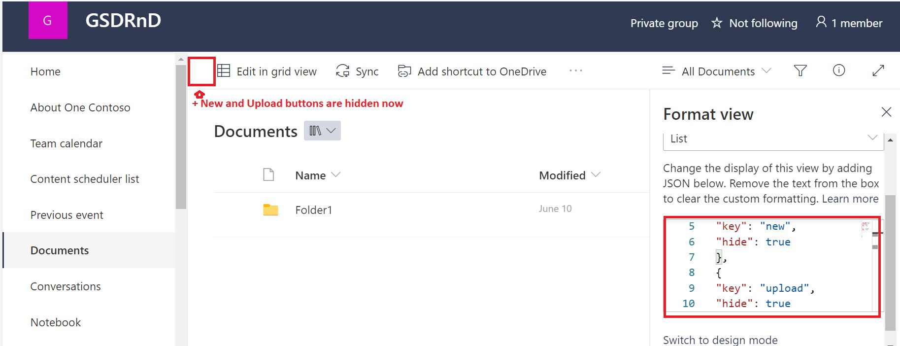 Hide Upload document buttons in SharePoint Online document library using JSON