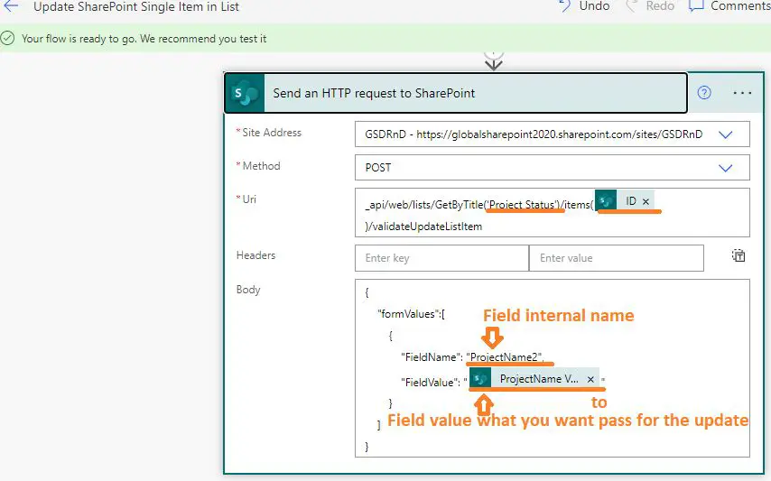 Send an HTTP request to SharePoint to update a single item in Power Automate - Action explanation