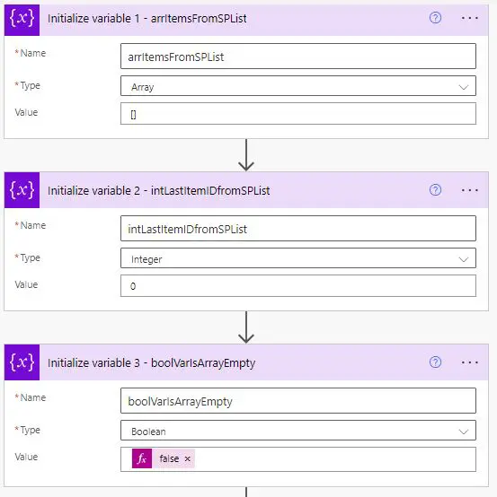 Variable initialization - Get more than 5000 items in Power Automate from SharePoint Online list
