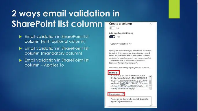 2 ways email validation in SharePoint list column