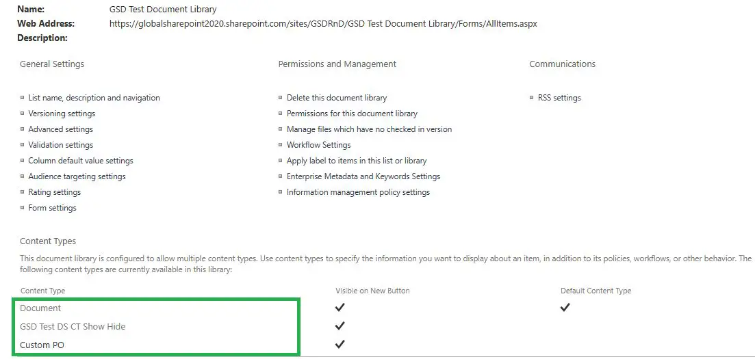 Document library settings page in SharePoint Online