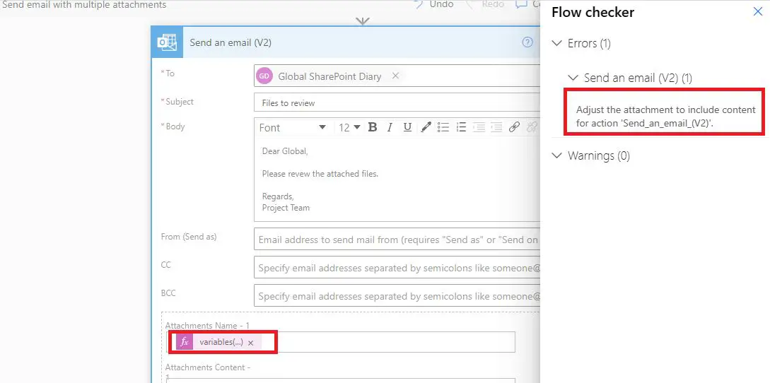 Flow checker - adjust the attachment to include content for action 'send_an_email_(v2)